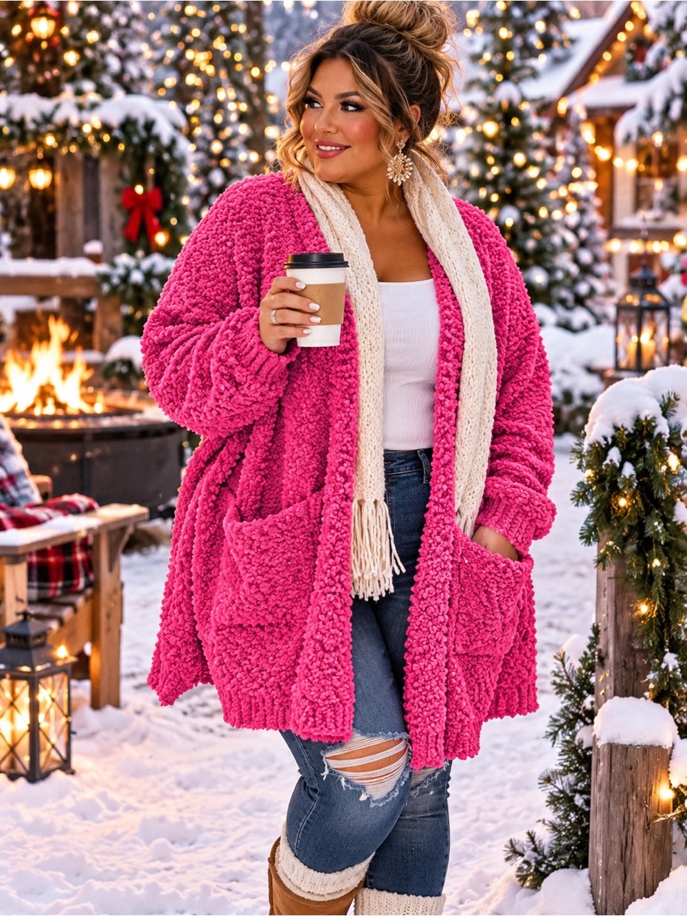 Plus-Size Hot Pink Sherpa Open-Front Teddy Jacket with Pockets